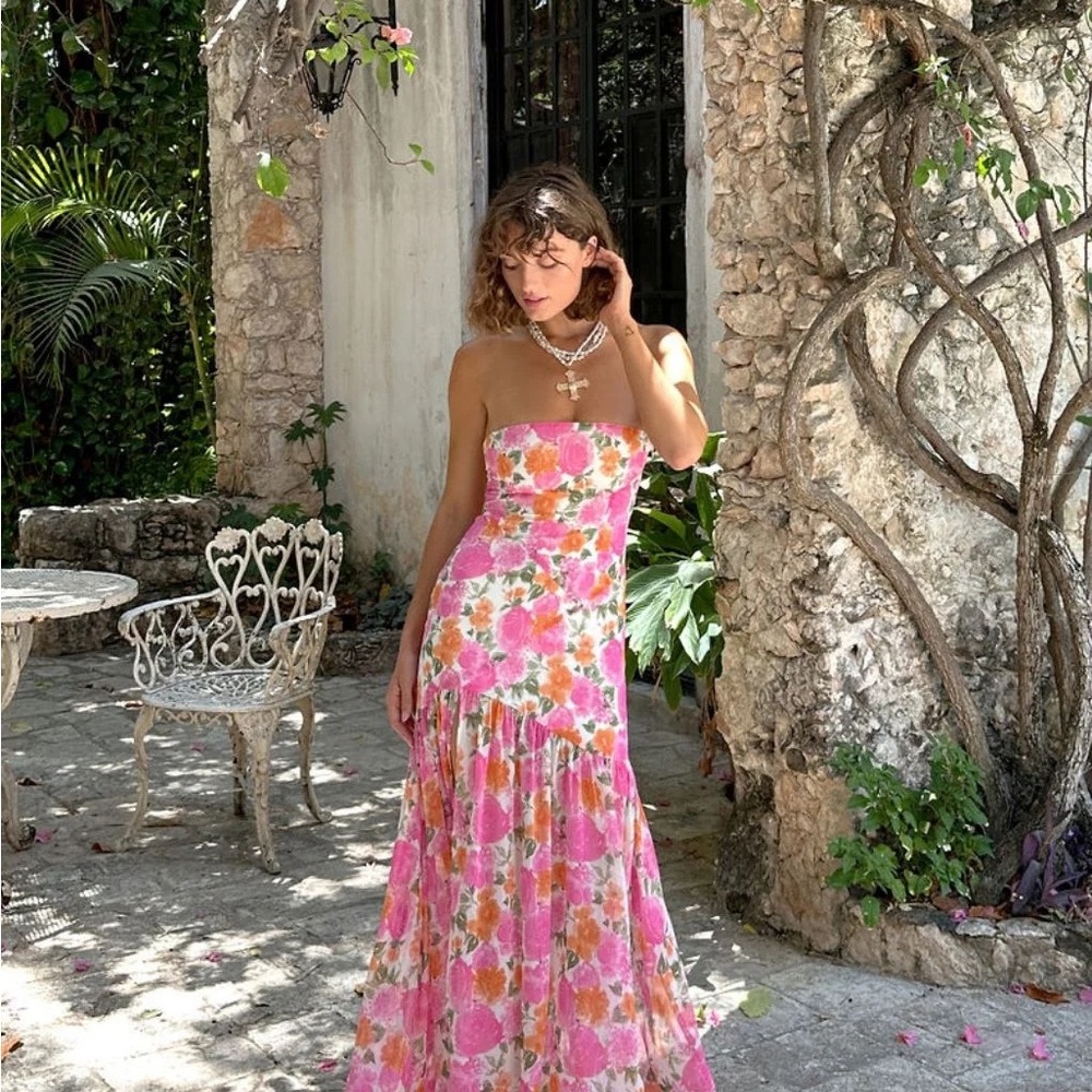 12th Tribe Pink and Orange Strapless Dress
